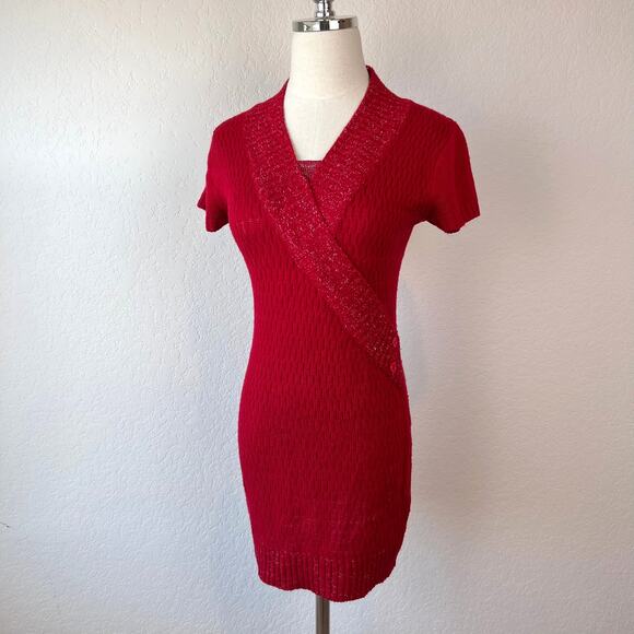 American Vintage Dresses & Skirts - Vintage Y2K Red Knit Bodycon Sweater Mini Dress Short Sleeve Office Siren Medium
